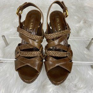 Prada Women's Brown Designer Braided Leather Strappy Luxury Heels IT 37.5 / US 7